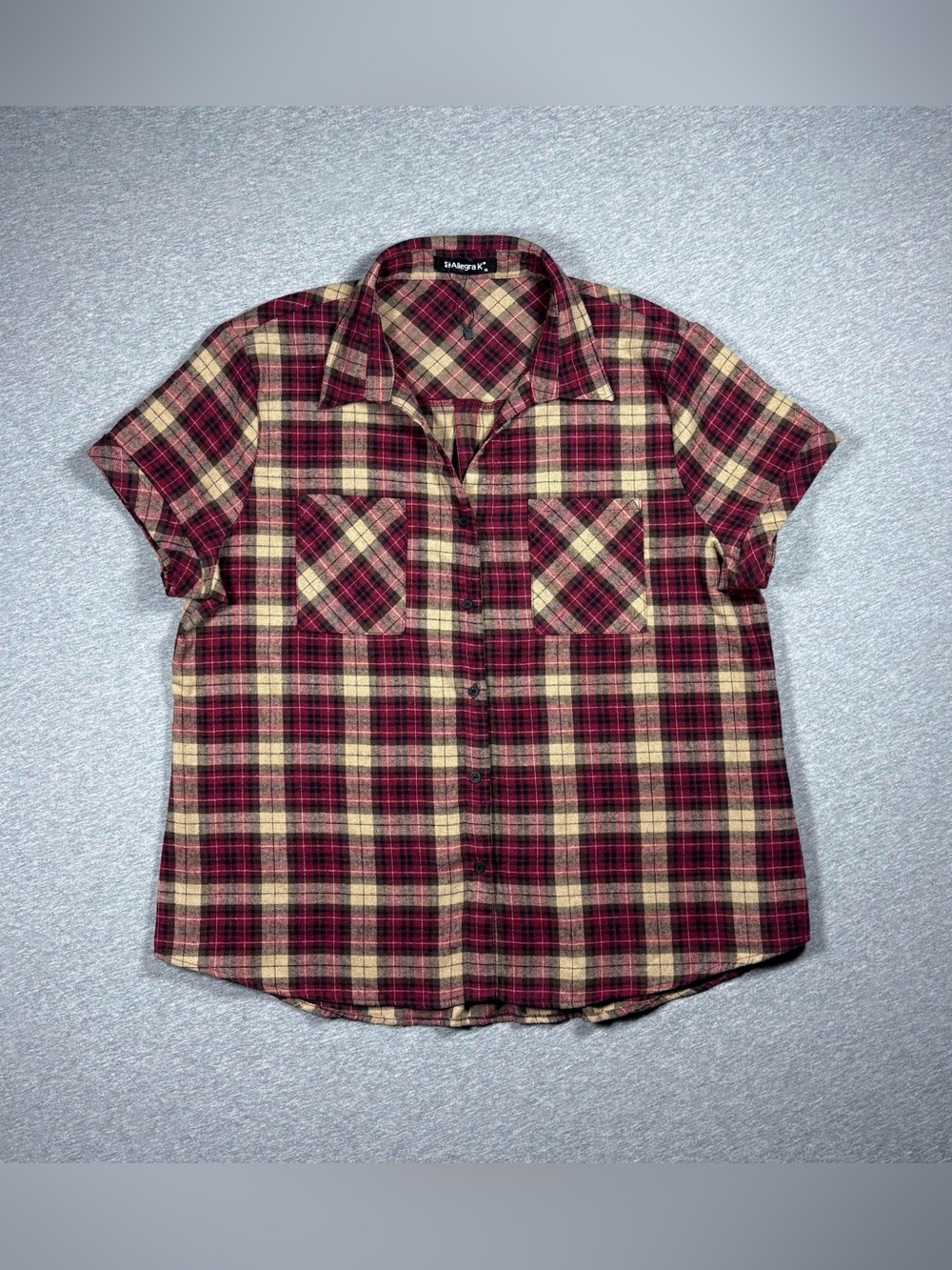 Allegra K Plaid Flannel Button Down Shirt Short Sleeve Western Size XL Red Tan